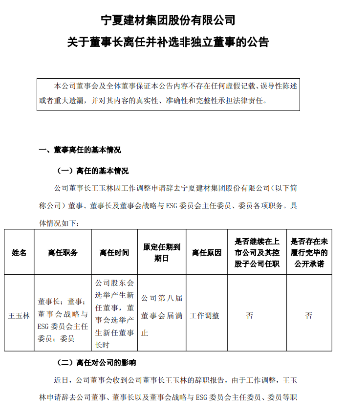 寧夏建材多位高管變動！董事長王玉林因工作調整離任！